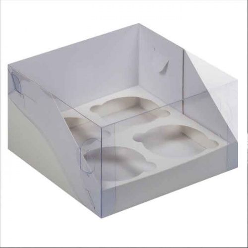 Коробка для 4 капкейков с прозр. крышкой, белая 16*16*10см Коробка для 4 капкейков с прозр. крышкой, белая 16*16*10см