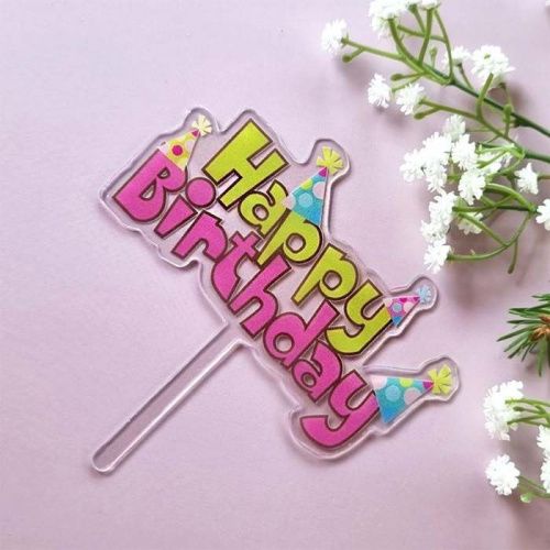 Акриловый топпер «Happy Birthday» прозрачный с цветной надписью фото 2